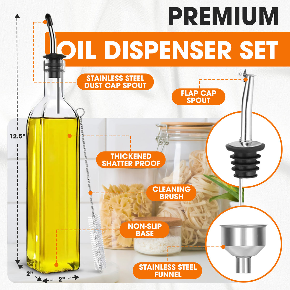 2 Piece Glass Olive Oil Dispenser Set with Pour Spouts Funnel and Labels